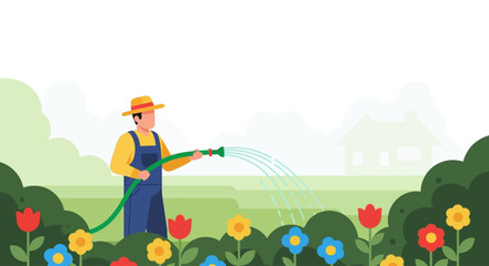This flat design vector illustration shows a cheerful gardener watering a vibrant flower bed with a garden hose. The scene captures the beauty of plant maintenance in a clean, modern aesthetic.