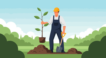 This flat design vector illustration shows a man carefully planting a sapling, symbolizing growth and environmental care. The clean, modern aesthetic captures the essence of reforestation and gardenin