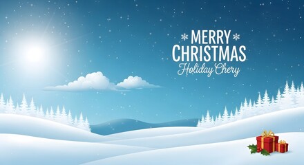Winter wonderland scene with snow covered hills and christmas greetings