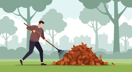 This flat design vector illustration shows a man actively raking a pile of autumn leaves on a green lawn. The clean artwork captures the seasonal chore with a modern, simple aesthetic.