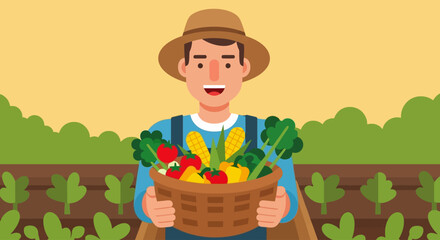 A flat design vector illustration captures a man proudly holding a basket filled with freshly harvested vegetables from his garden. This clean artwork celebrates the bounty of home gardening.