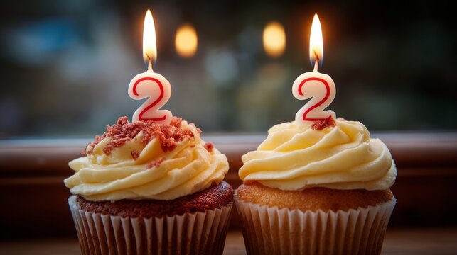 Two festive birthday cupcakes with lit candles and colorful frosting surrounded by celebration confetti and party decorations, perfect for birthday greeting cards, party invitations, and festive holid
