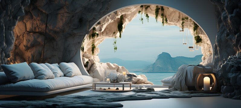 A white cave with a sea view, the interior decorated in a boho style with blue and green pastel colors,generative AI