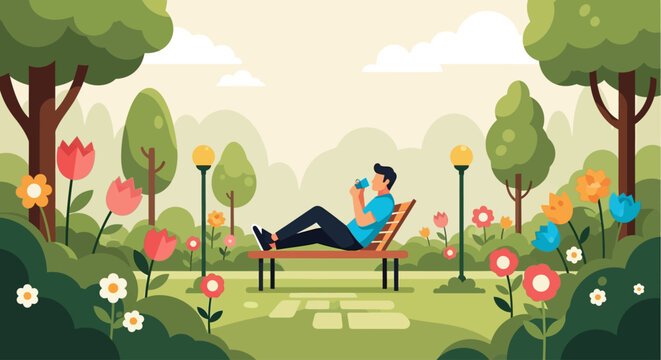 This flat design vector illustration shows a man relaxing in his beautifully maintained, flourishing garden. The clean artwork conveys a sense of peace, enjoyment, and the rewards of gardening efforts