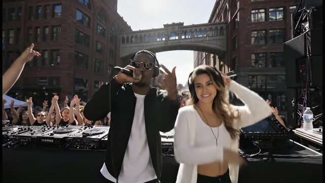 Two DJs perform at an outdoor street event, one using the microphone and the other raising her arm as the crowd in front of them moves and lifts their hands to the music