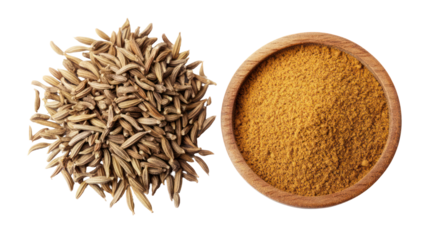 Pile of cumin seeds and ground cumin in a bowl isolated on transparent background