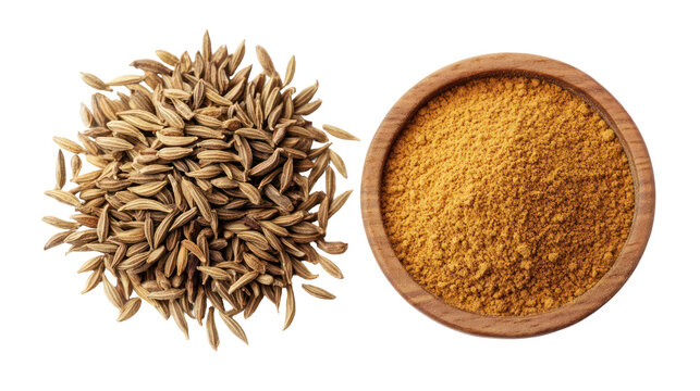 Pile of whole cumin seeds next to ground cumin in a wooden bowl isolated on transparent background