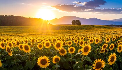 Golden sunflowers fill a field under a bright sunset, with mountains & trees in the background, and clouds in the sky