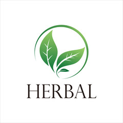 Green herbal logo design with natural leaves inside a circular shape, symbolizing organic products, nature, health, wellness, and eco-friendly lifestyle concept