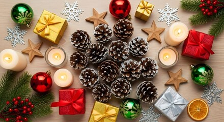 Festive holiday arrangement with pinecones baubles and candles
