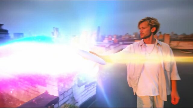 A guy stands on a rooftop watching the sunset over the city, and then he reaches out to catch a frisbee with bright colored streams of light passing through it