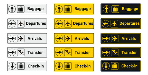 Airport sign vector with arrivals, departures, baggage claim, and transfer directions, information board signs for airport navigation, check-in and travel guidance panel.