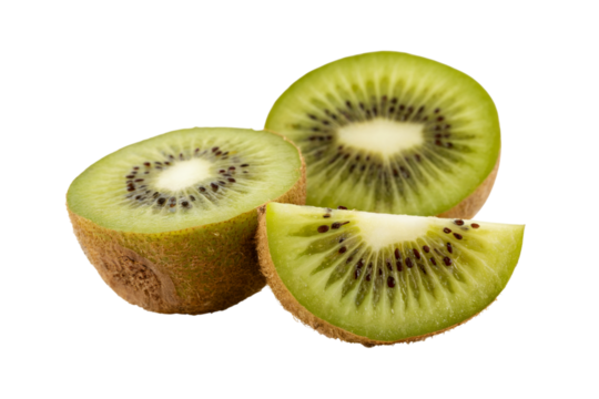 sliced kiwi with detail showing inner and outer skin . Isolated on transparent background, png