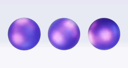 Set 3d iridescent hologram sphere, ball, orb. Render geometry figure in purple, pink, blue colors. Vector illustration isolated on white for design projects, presentation, adv