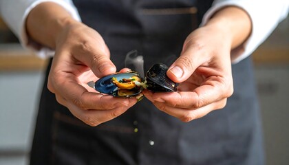 Fototapeta premium Hands holding steaming mussels with vibrant blue interiors and herbs, in a dark apron on a blurred background