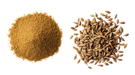 Pile of ground grain and whole grain seeds isolated on transparent background