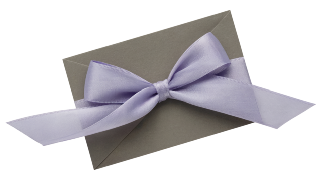 elegant envelope tied with lilac ribbon . Isolated on transparent background, png