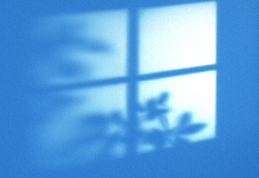 Blue-tinted window with a soft, blurred view of leafy plants outside, creating a tranquil, moody atmosphere ideal for lifestyle and design, wellness, or advertising photography.