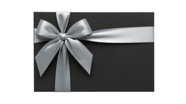 elegant gift box with satin ribbon and bow in dark and gray colors . Isolated on transparent background, png