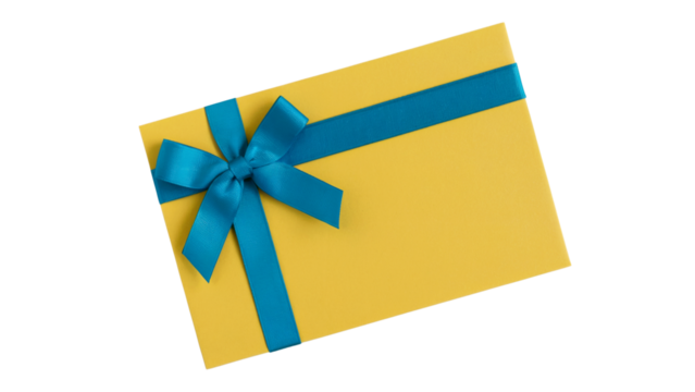 Elegant gift card with a vibrant blue ribbon bow . Isolated on transparent background, png - Powered by Adobe