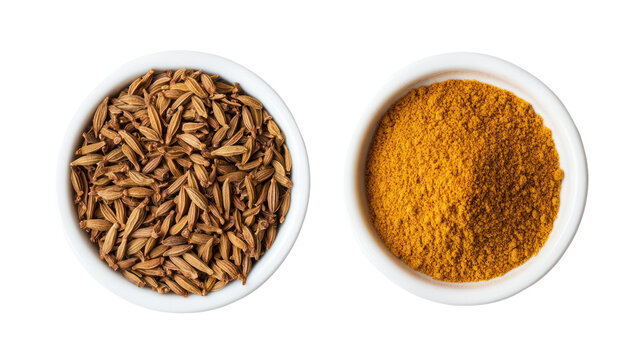 Two white oval bowls of cumin seeds and ground cumin isolated on transparent background