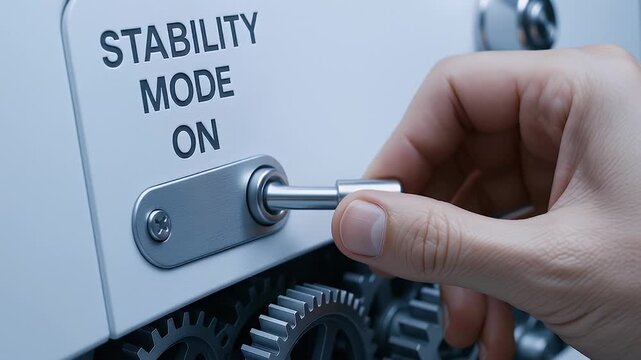 Stability mode toggle switch and lever control being hand‑operated over metallic gear mechanism, hand‑turned lever and toggle engaging gear mechanism for precise mechanical control and reliability