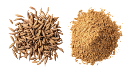 Whole cumin seeds and ground cumin spice isolated on transparent background