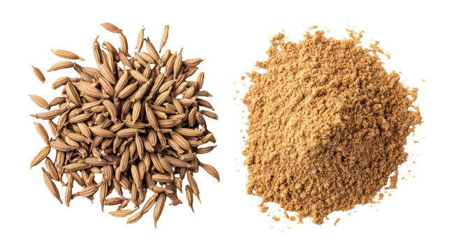 Whole cumin seeds and ground cumin spice isolated on transparent background - Powered by Adobe