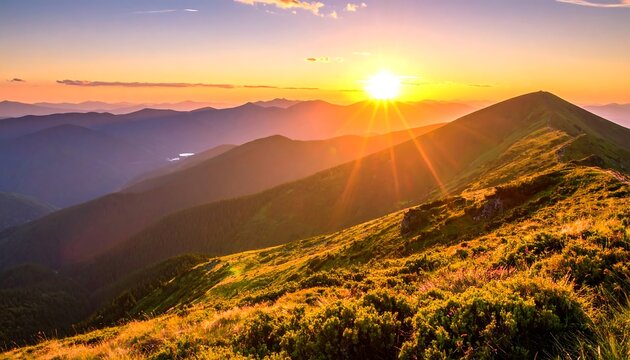 Golden sunrise over mountains. Hazy sun casts light across rolling hills covered in lush green grass at golden hour - Powered by Adobe