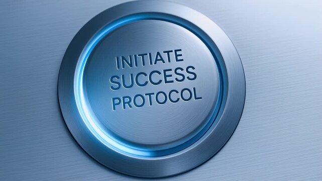 Initiate success protocol button brushed metal surface with blue LED ring and metallic glowing blue circular push control conveying motivation futuristic business activation achievement