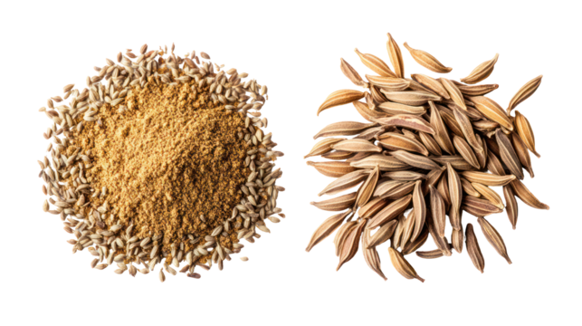 Two piles of wheat grains and wheat ears isolated on transparent background