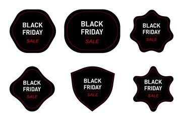 Black Friday sale badge collection with red outline on black shapes for discount advertising and marketing design