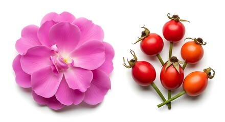 Pink rose flower and rose hips on white background