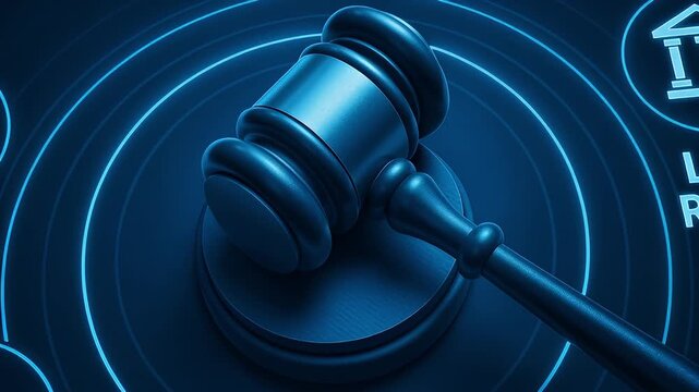 Digital gavel blue courtroom platform with neon hammer and block icons for data privacy, algorithm bias, legal reform and justice, court technology emphasizing law, judge authority and reform balance