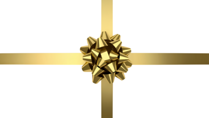 Elegant golden ribbon with a beautiful bow on a gift package . Isolated on transparent background, png
