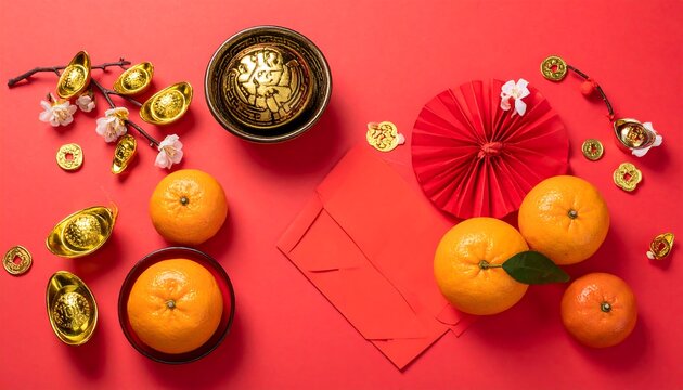 Festive red backdrop with oranges, gold objects, red envelopes, and paper fans, evoking a celebratory mood - Powered by Adobe