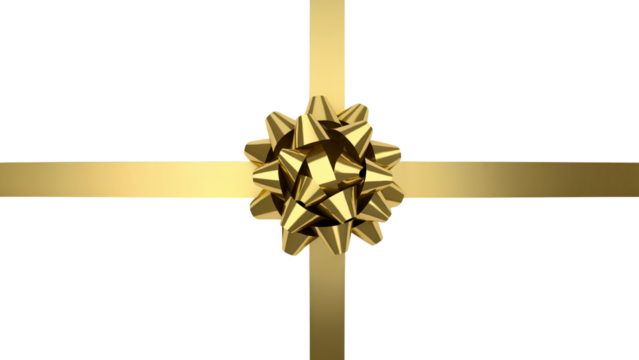 Elegant golden ribbon with a beautiful bow on a gift package . Isolated on transparent background, png