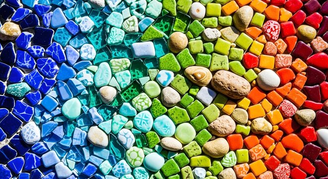 Colorful mosaic tiles arranged in a vibrant spectrum, creating a textured surface with a playful and artistic appeal, perfect for backgrounds - Powered by Adobe