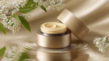 Wooden Lidded Cream Jar on Circular Stone Resting on Water with Blossoms