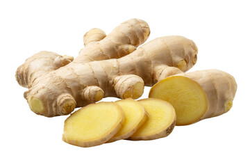 Fototapeta premium Fresh ginger root and ginger slices with bright color . Isolated on transparent background, png