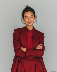 Cheerful Asian Businesswoman Poses Confidently in a Red-Maroon Power Suit with Updo