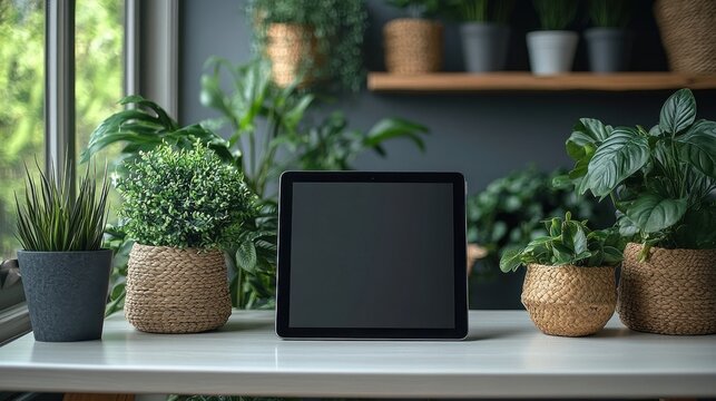 Tablet display on table amidst lush greenery, with window backdrop, creating a tranquil indoor scene