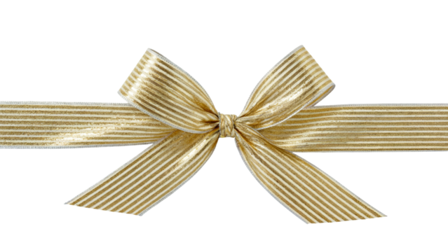 elegant golden ribbon bow with stripes for gift wrapping decoration . Isolated on transparent background, png