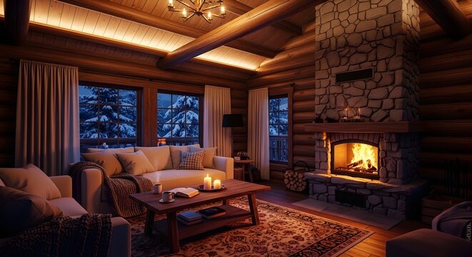 Cozy log cabin living room with fireplace and mountain view