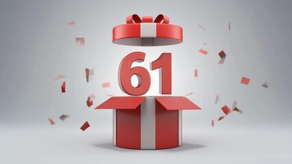 Nicely wrapped gift box popping open, the number 61 appears. Video for birthday or anniversary party