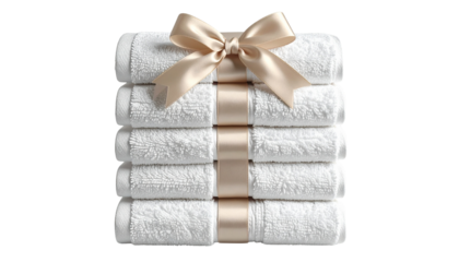 Stack of neatly folded white towels tied with a beige ribbon hygiene and wellness theme isolated on transparent background.