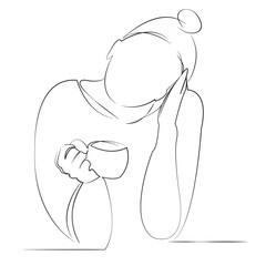 One continuous line drawing on white isolated background. Minimalism linear illustration. person, woman, cup, hot drink, indoor, drink, female, happy, home, lifestyle