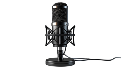 Studio microphone with mesh details and metallic stand — podcast, music, and broadcasting concept PNG