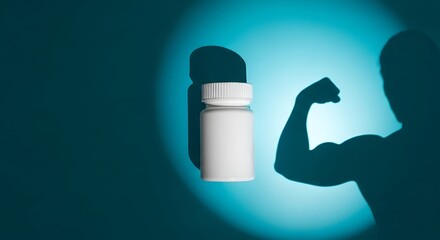 White supplement bottle casting a shadow of a flexing muscular arm against a teal spotlight