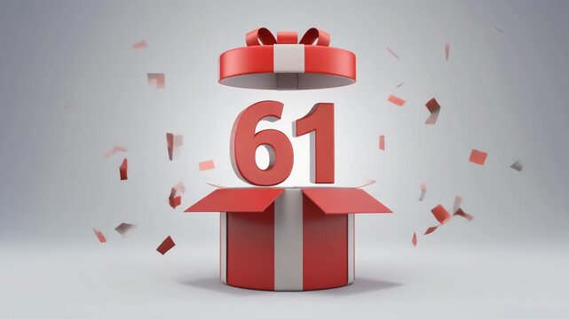 Nicely wrapped gift box popping open, the number 61 appears. Video for birthday or anniversary party
